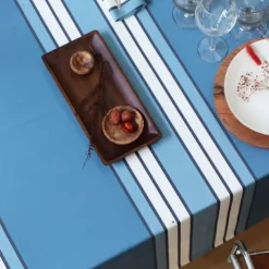 Maison Jean-Vier Nappe bleu nuit en coton à rayures