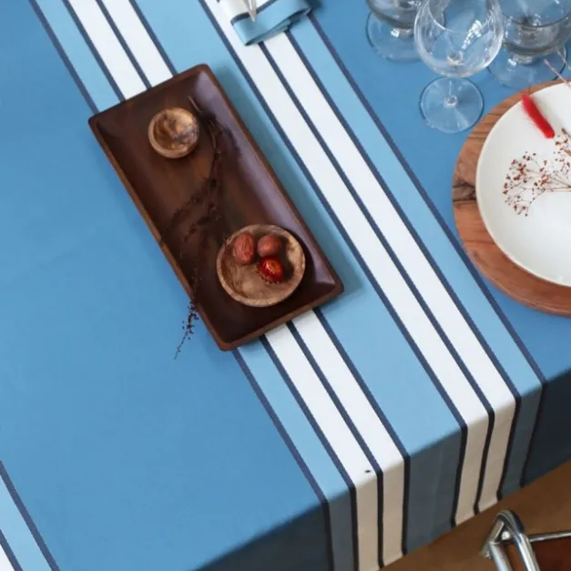 Maison Jean-Vier Nappe bleu nuit en coton à rayures