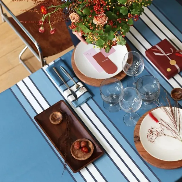 Maison Jean-Vier Nappe bleu nuit en coton à rayures