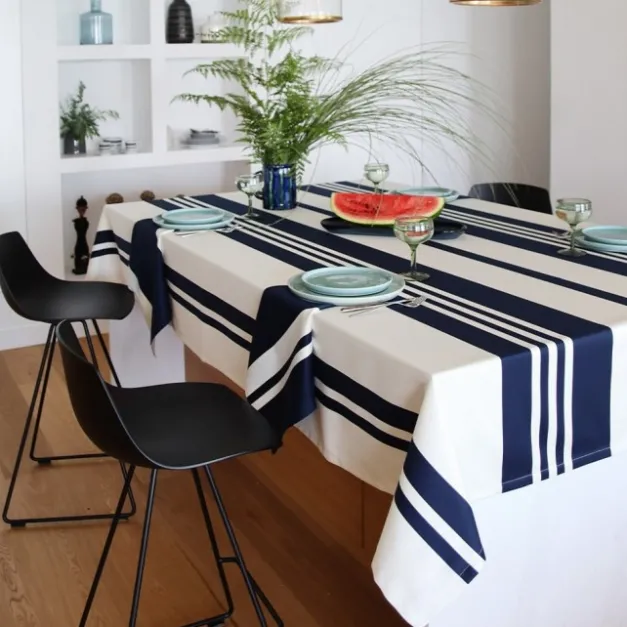 Maison Jean-Vier Nappe en coton bleu foncé et blanche à rayures