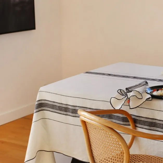 Maison Jean-Vier Nappe en lin blanc ivoire à rayures