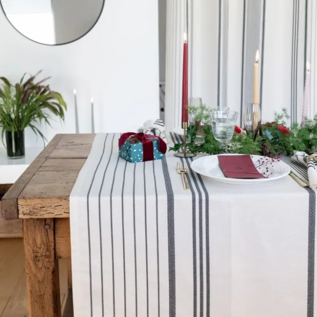 Maison Jean-Vier Nappe en lin et coton à rayures noir et écru