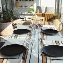 Maison Jean-Vier Nappe en satin de coton à rayures beige