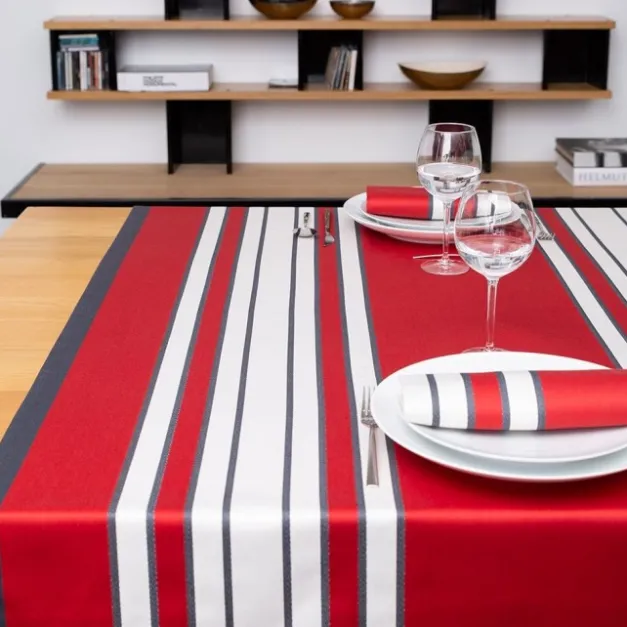 Maison Jean-Vier Nappe rouge en satin de coton à rayures