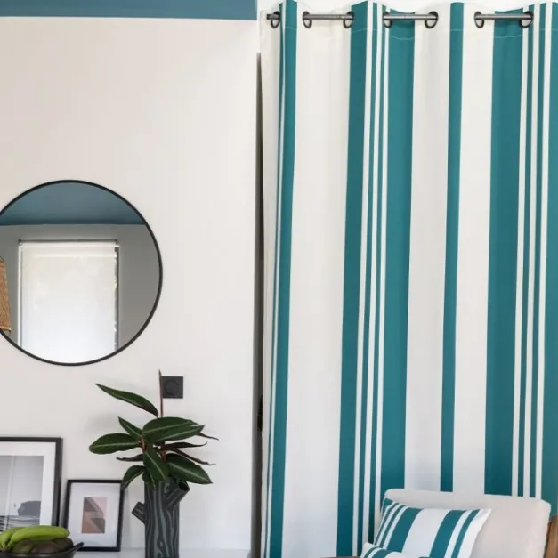 Maison Jean-Vier Rideau en coton à rayures vert foncé et blanc